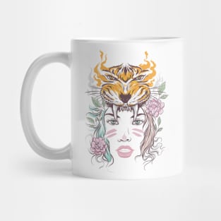 beautiful lady face with tiger head and flowers Mug